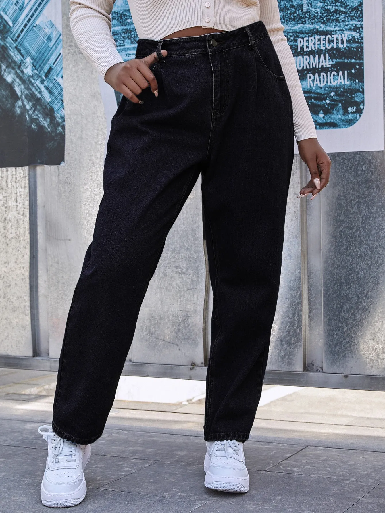 Plain Zipper High Waist Long Plus Size Jeans