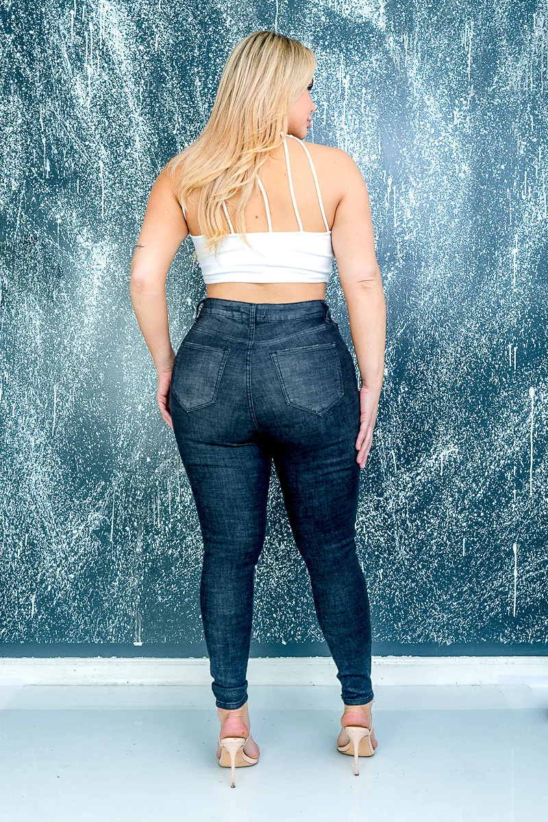 Plus Size Stretch Button Fly Denim Skinny Jeans with Rip Detail at Knee in Dark Grey* (HPS-1200-DG)
