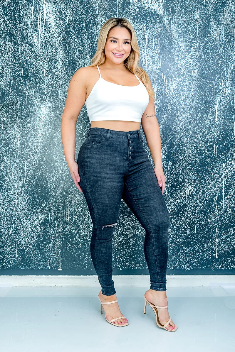 Plus Size Stretch Button Fly Denim Skinny Jeans with Rip Detail at Knee in Dark Grey* (HPS-1200-DG)