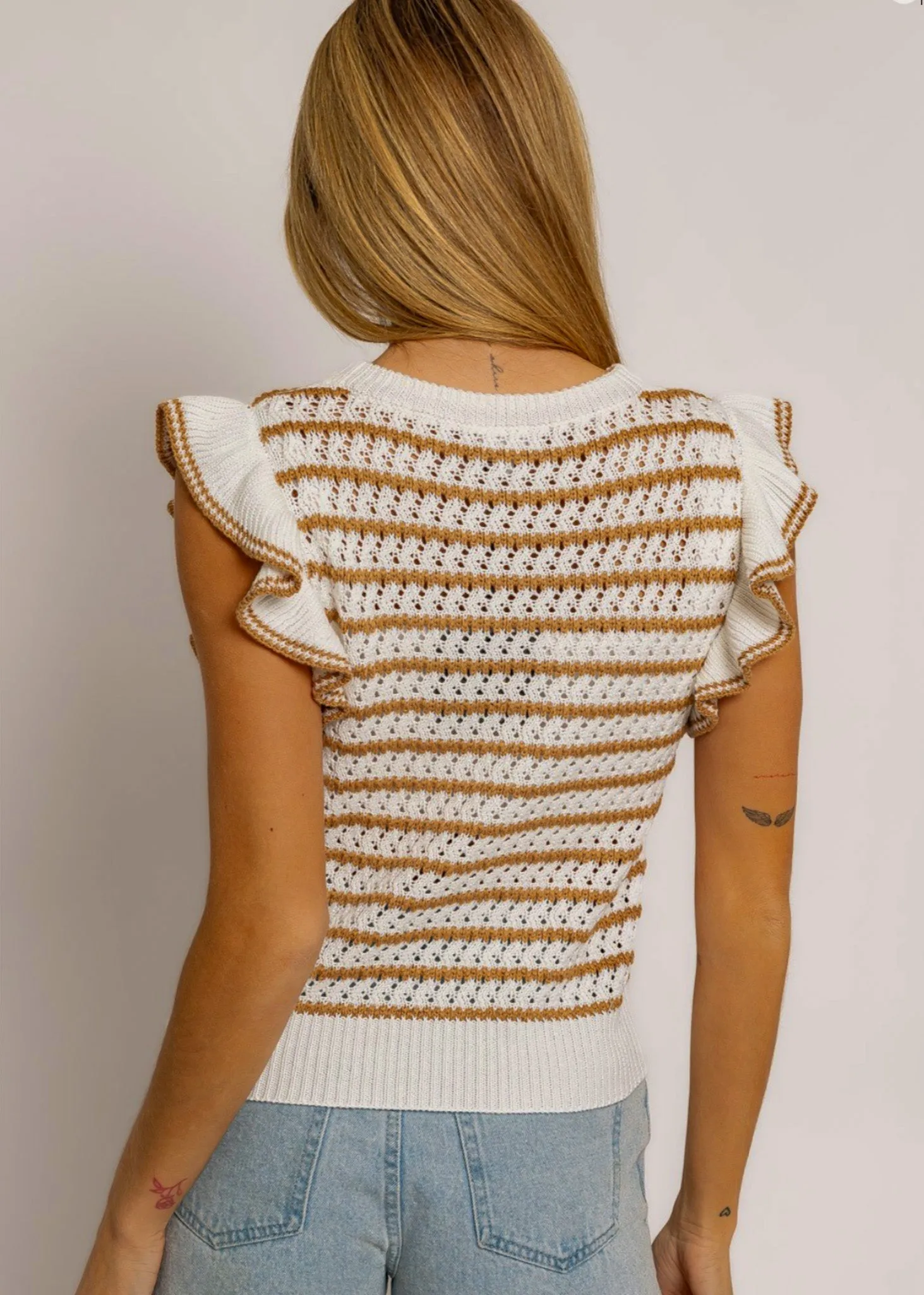 Priscilla, Women's Short Flutter Sleeve Sweater, Taupe/ White