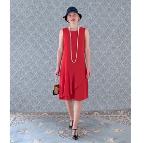 Red chiffon flapper dress with a ruffled skirt detail