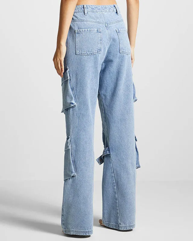Retro Multi-Pocket Strappy Jeans Women’s Straight Casual Trousers
