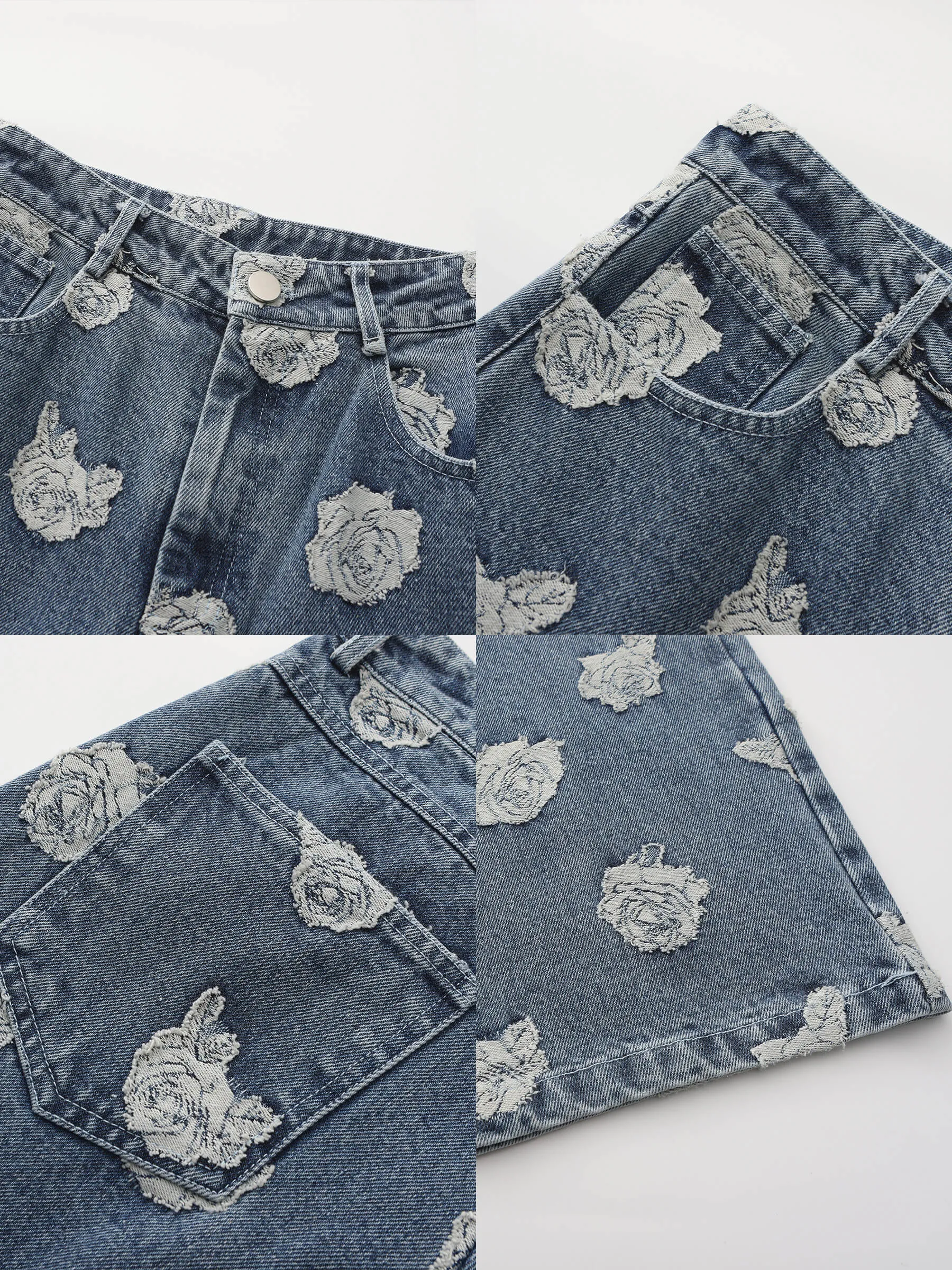 Retro Rose Print Washed Straight Leg Jeans