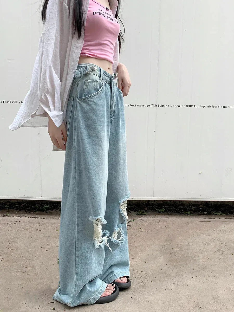 Retro Wide Leg Women Street Ripped Waist Adjustable Washed Denim Jeans
