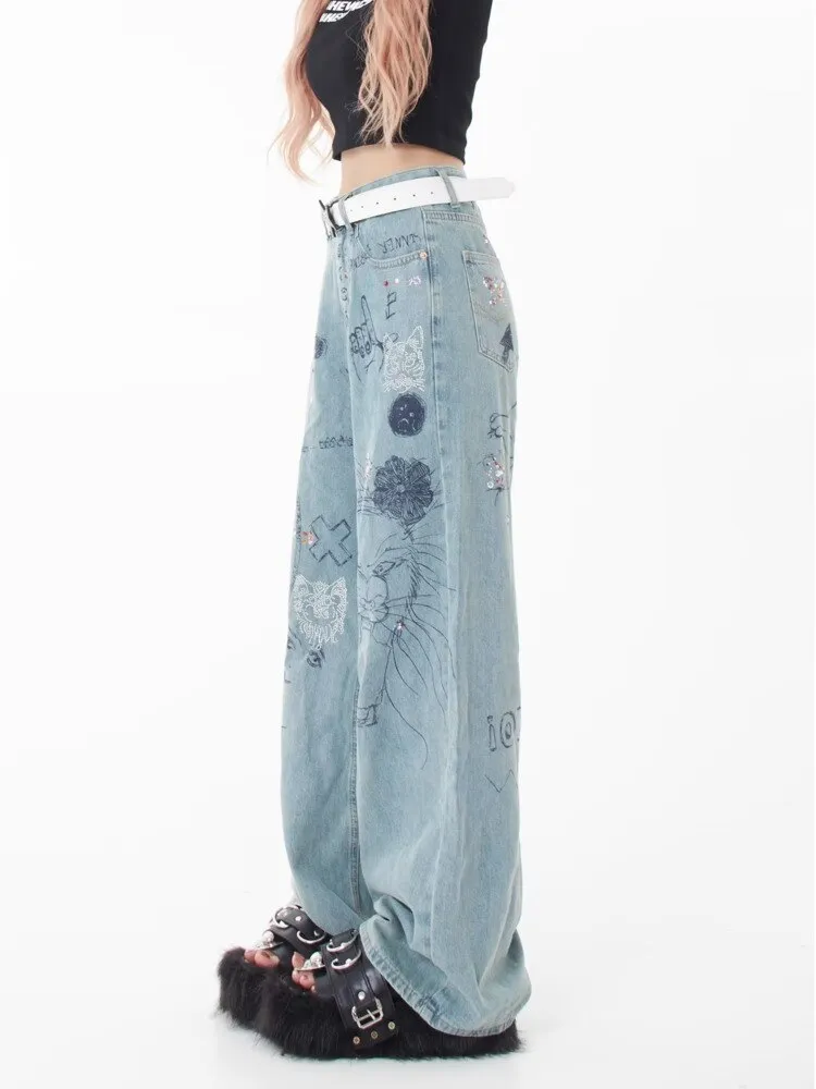 sealbeer Spring and Autumn Season New Small Market Design Sense Print Graffiti Straight Barrel Personalized Jeans Women's Jeans