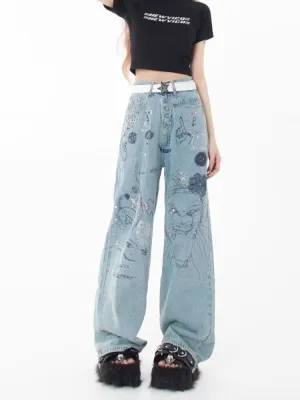 sealbeer Spring and Autumn Season New Small Market Design Sense Print Graffiti Straight Barrel Personalized Jeans Women's Jeans