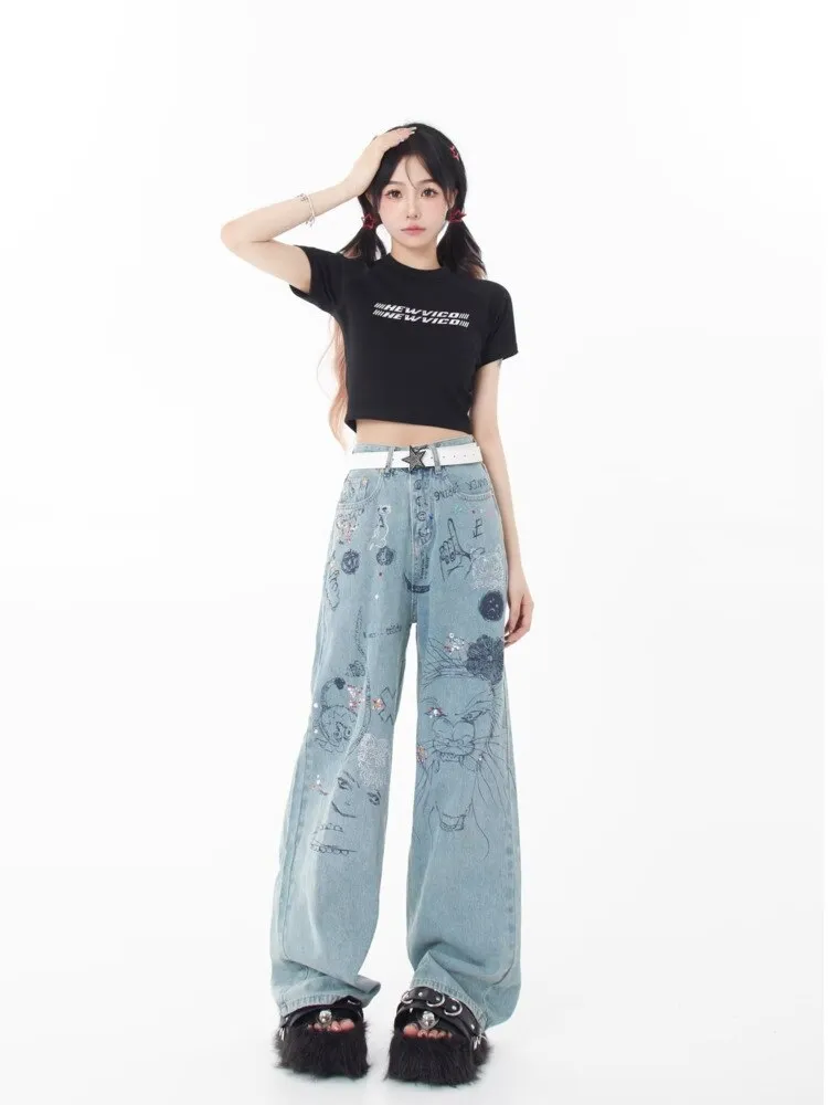 sealbeer Spring and Autumn Season New Small Market Design Sense Print Graffiti Straight Barrel Personalized Jeans Women's Jeans