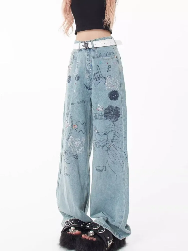 sealbeer Spring and Autumn Season New Small Market Design Sense Print Graffiti Straight Barrel Personalized Jeans Women's Jeans