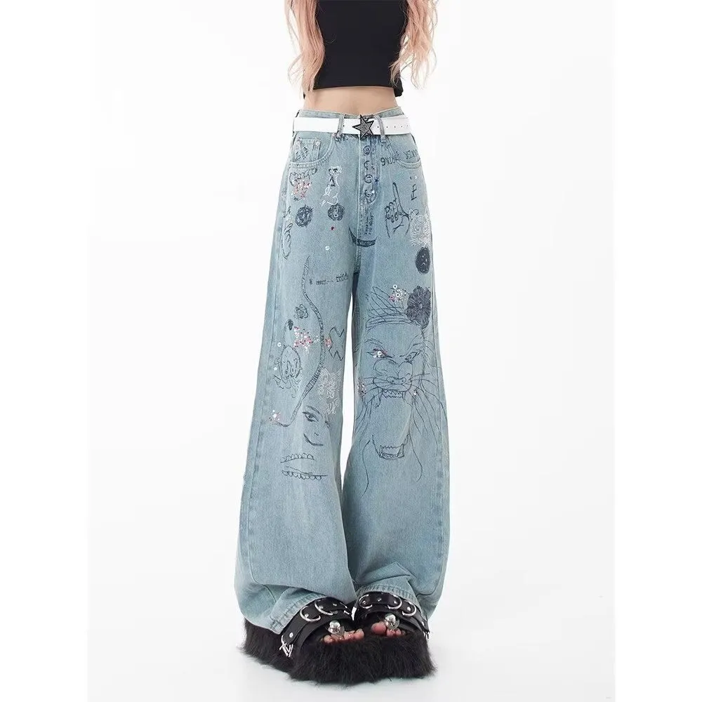 sealbeer Spring and Autumn Season New Small Market Design Sense Print Graffiti Straight Barrel Personalized Jeans Women's Jeans