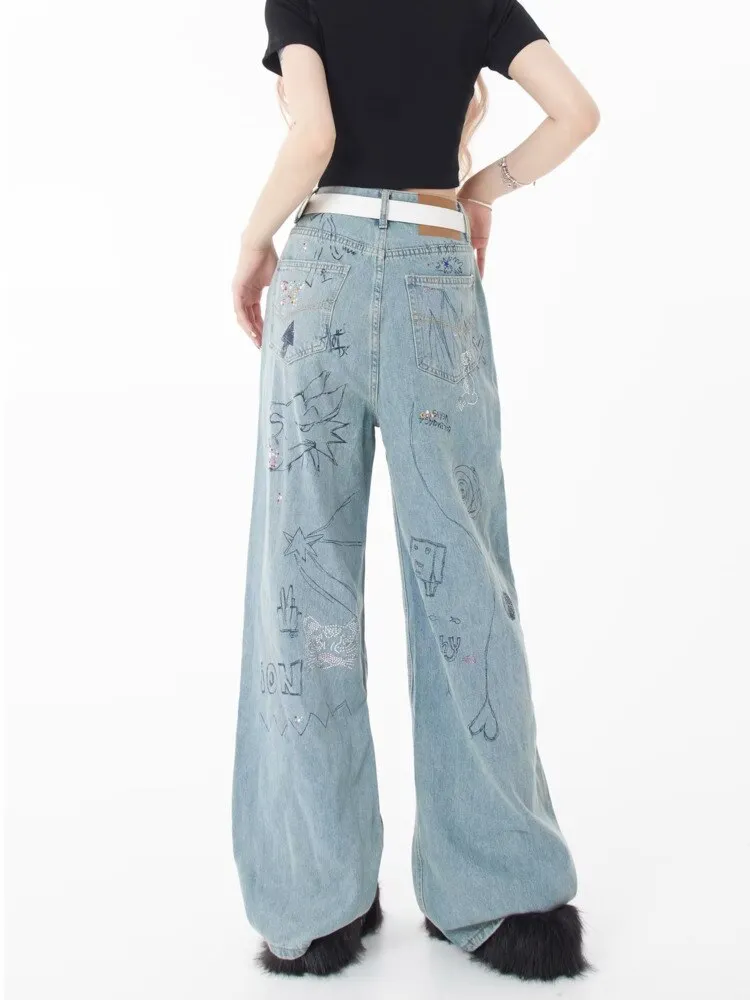 sealbeer Spring and Autumn Season New Small Market Design Sense Print Graffiti Straight Barrel Personalized Jeans Women's Jeans