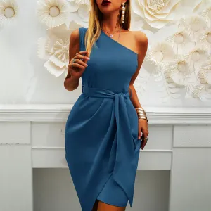 Solid Color Sleeveless Slanted Shoulder Irregular Tie Party Dress