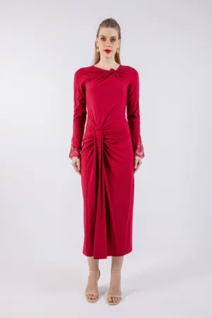 Solid Drapped Midi Dress with Lace Cuff Detail