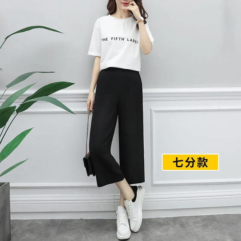 Summer Chiffon Wide Leg Pants Women Drape Ice Silk High Waist Straight Petite Casual Pants