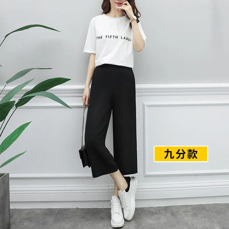 Summer Chiffon Wide Leg Pants Women Drape Ice Silk High Waist Straight Petite Casual Pants