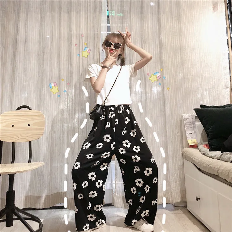 Summer Korean Color-Matching Flowers High Waist Slim Look Wide Leg Casual All-Matching Pants Women Pants