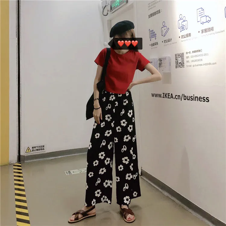 Summer Korean Color-Matching Flowers High Waist Slim Look Wide Leg Casual All-Matching Pants Women Pants