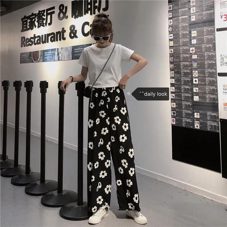 Summer Korean Color-Matching Flowers High Waist Slim Look Wide Leg Casual All-Matching Pants Women Pants