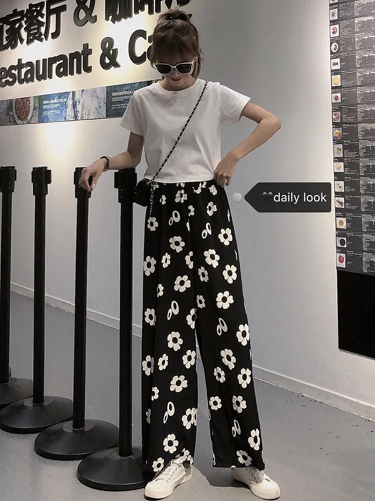 Summer Korean Color-Matching Flowers High Waist Slim Look Wide Leg Casual All-Matching Pants Women Pants
