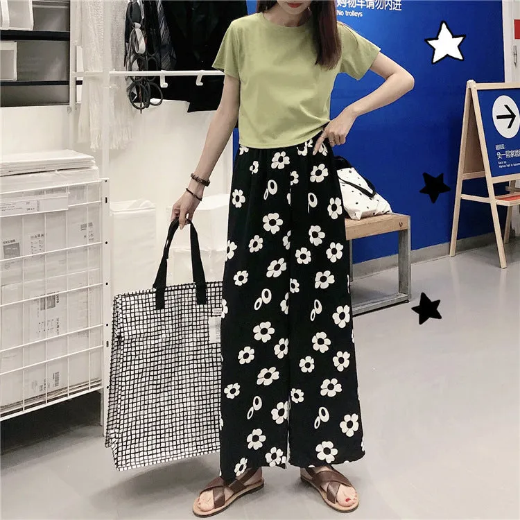 Summer Korean Color-Matching Flowers High Waist Slim Look Wide Leg Casual All-Matching Pants Women Pants