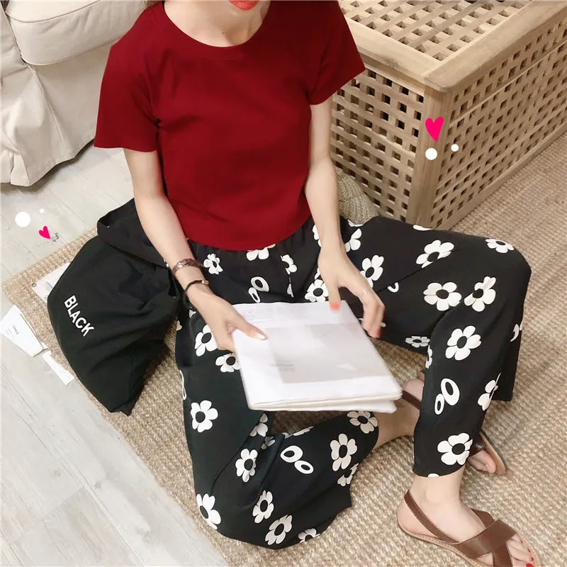 Summer Korean Color-Matching Flowers High Waist Slim Look Wide Leg Casual All-Matching Pants Women Pants