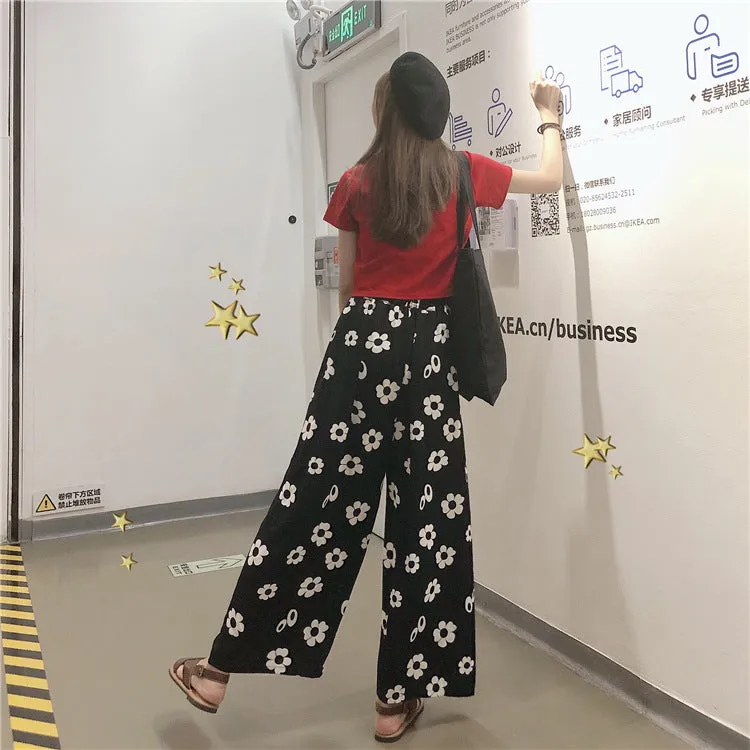 Summer Korean Color-Matching Flowers High Waist Slim Look Wide Leg Casual All-Matching Pants Women Pants