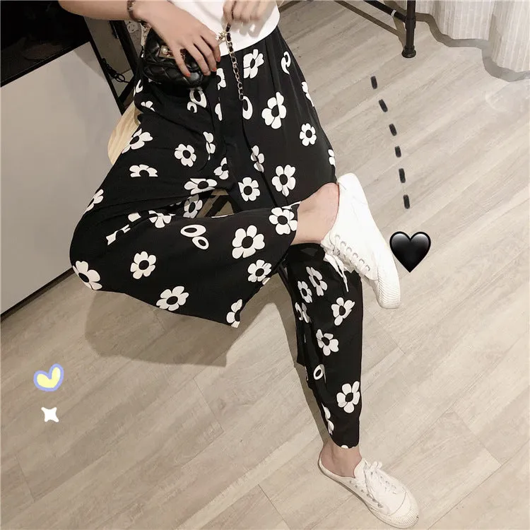 Summer Korean Color-Matching Flowers High Waist Slim Look Wide Leg Casual All-Matching Pants Women Pants