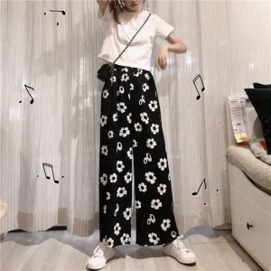 Summer Korean Color-Matching Flowers High Waist Slim Look Wide Leg Casual All-Matching Pants Women Pants