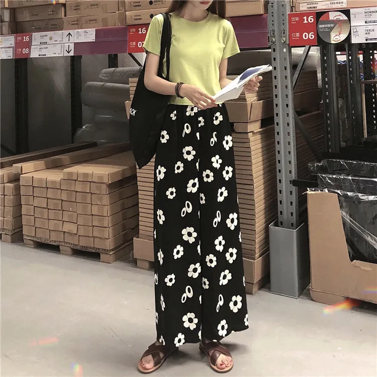 Summer Korean Color-Matching Flowers High Waist Slim Look Wide Leg Casual All-Matching Pants Women Pants