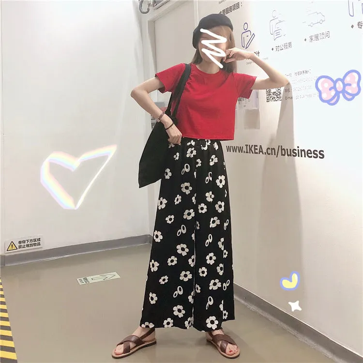 Summer Korean Color-Matching Flowers High Waist Slim Look Wide Leg Casual All-Matching Pants Women Pants