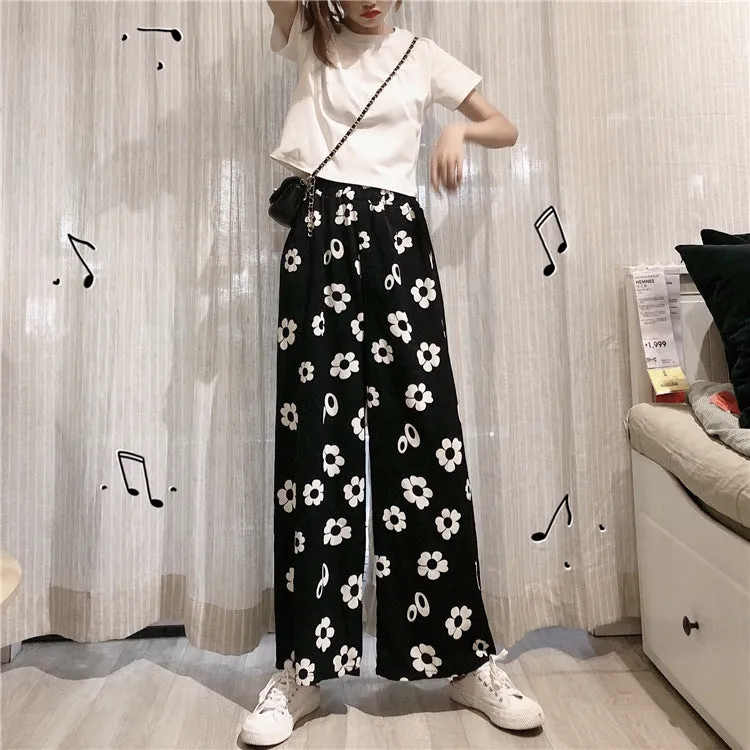 Summer Korean Color-Matching Flowers High Waist Slim Look Wide Leg Casual All-Matching Pants Women Pants