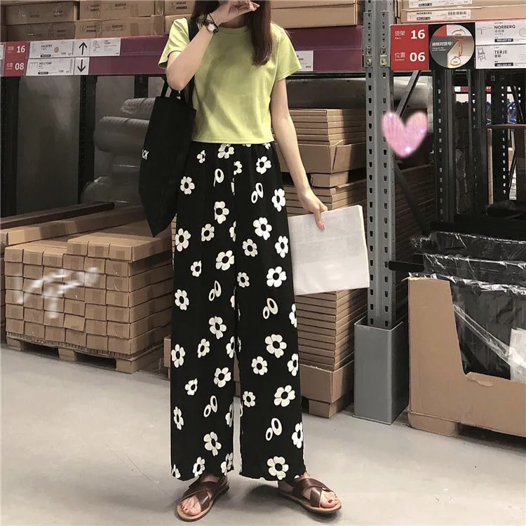 Summer Korean Color-Matching Flowers High Waist Slim Look Wide Leg Casual All-Matching Pants Women Pants