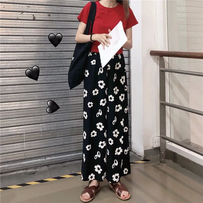 Summer Korean Color-Matching Flowers High Waist Slim Look Wide Leg Casual All-Matching Pants Women Pants