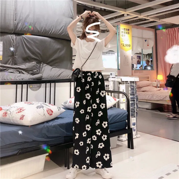 Summer Korean Color-Matching Flowers High Waist Slim Look Wide Leg Casual All-Matching Pants Women Pants