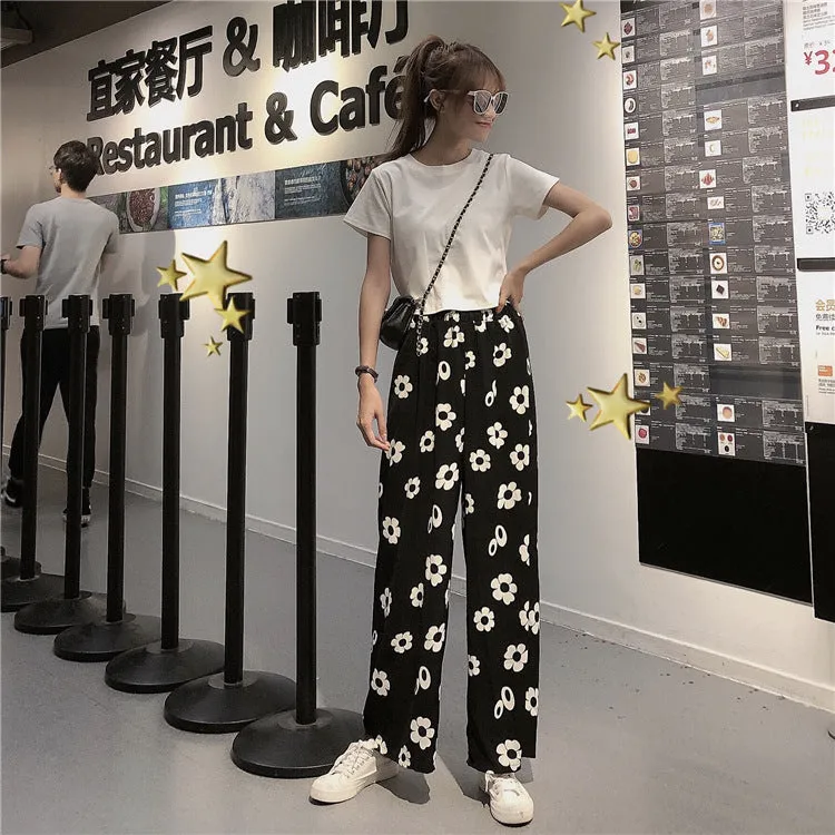 Summer Korean Color-Matching Flowers High Waist Slim Look Wide Leg Casual All-Matching Pants Women Pants