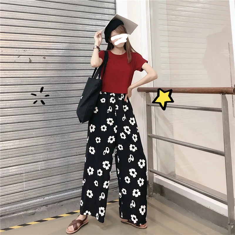 Summer Korean Color-Matching Flowers High Waist Slim Look Wide Leg Casual All-Matching Pants Women Pants