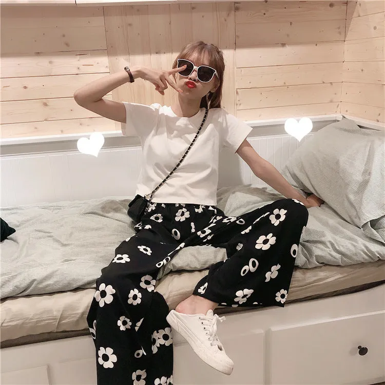 Summer Korean Color-Matching Flowers High Waist Slim Look Wide Leg Casual All-Matching Pants Women Pants