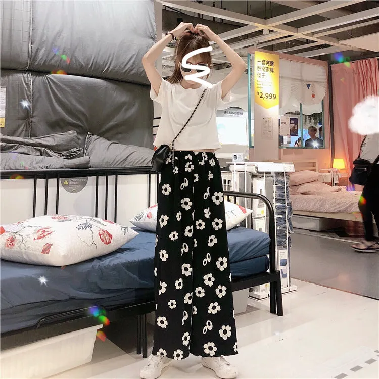 Summer Korean Color-Matching Flowers High Waist Slim Look Wide Leg Casual All-Matching Pants Women Pants