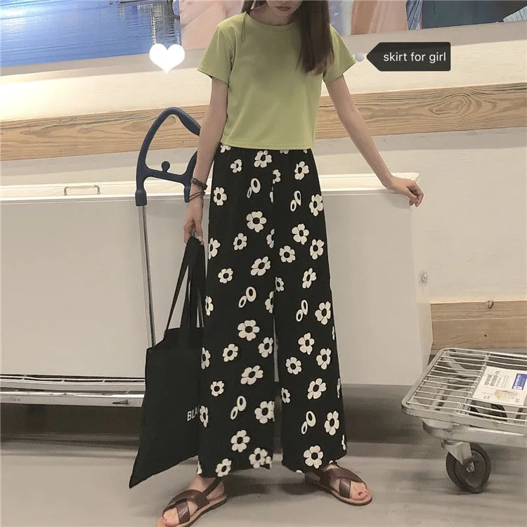 Summer Korean Color-Matching Flowers High Waist Slim Look Wide Leg Casual All-Matching Pants Women Pants