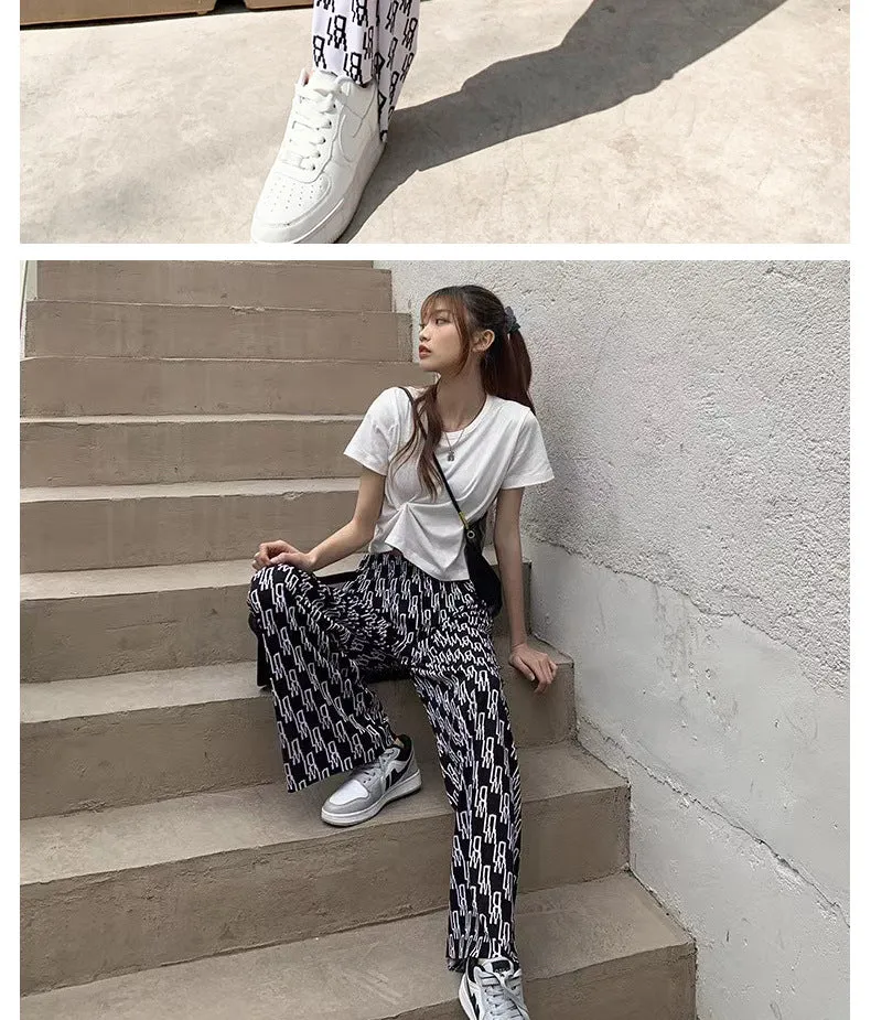 Summer Straight Drape Cozy Hong Kong Pants Printed Ice Silk Wide Leg Women High Waist All-Matching Loose Slim Look Casual Pants