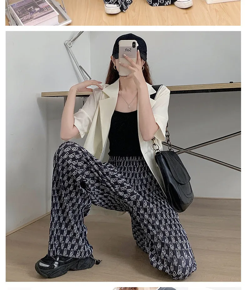 Summer Straight Drape Cozy Hong Kong Pants Printed Ice Silk Wide Leg Women High Waist All-Matching Loose Slim Look Casual Pants