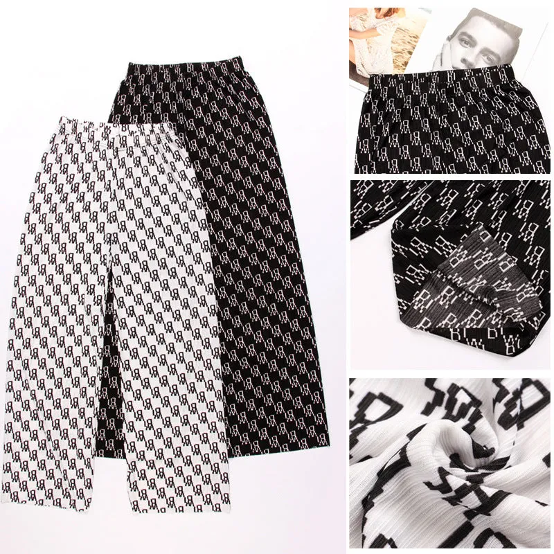 Summer Straight Drape Cozy Hong Kong Pants Printed Ice Silk Wide Leg Women High Waist All-Matching Loose Slim Look Casual Pants