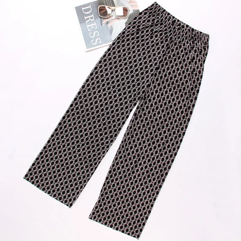 Summer Straight Drape Cozy Hong Kong Pants Printed Ice Silk Wide Leg Women High Waist All-Matching Loose Slim Look Casual Pants
