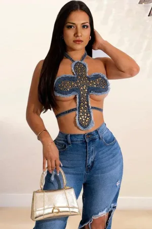 TA022 Studded Fashion Denim Top