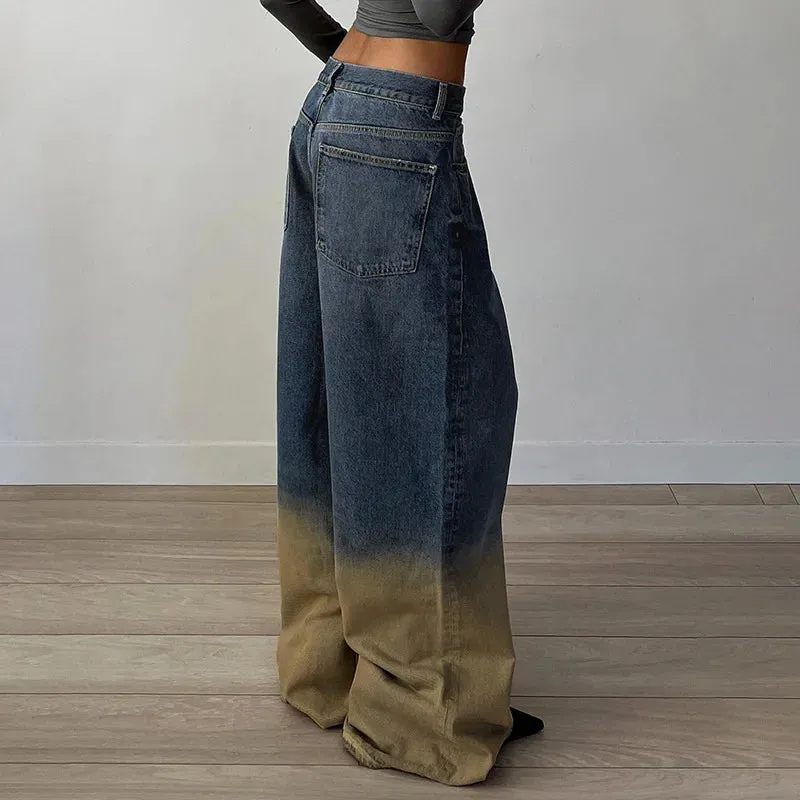 TAVIMART  -  Wash Gradient Jeans for Women American Streetwear 2024 Summer Personalized Fashion High Waist Loose Straight Leg Denim Pants