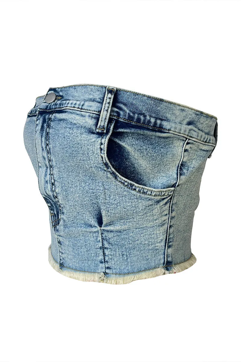 TC916 Denim Strapless Crop Top