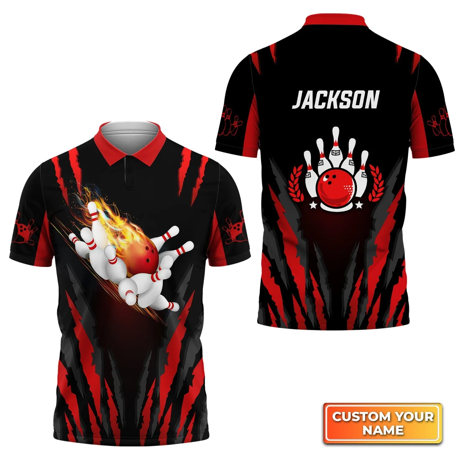 The Red Bowling Ball in Flames Breaks White Skittles Personalized Name 3D Polo Shirt