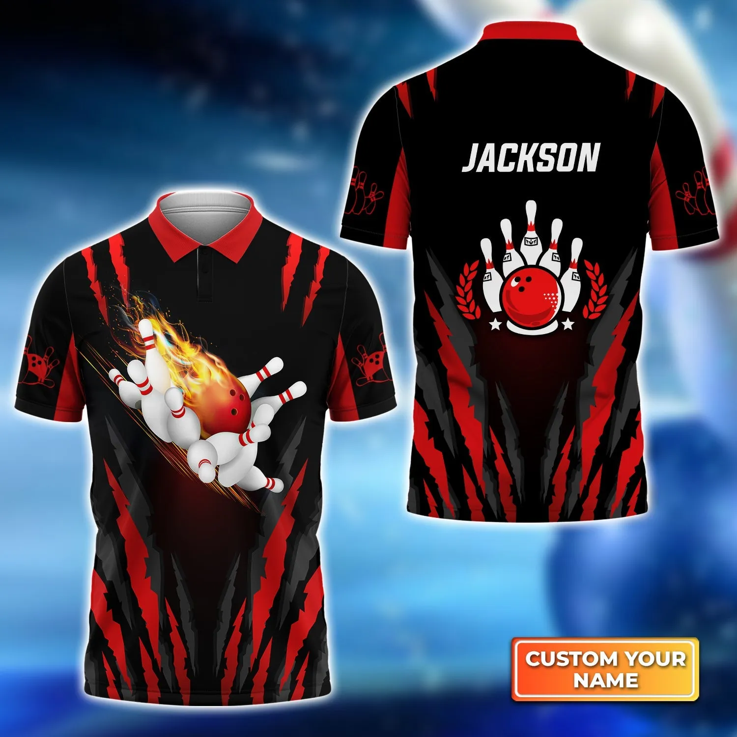 The Red Bowling Ball in Flames Breaks White Skittles Personalized Name 3D Polo Shirt