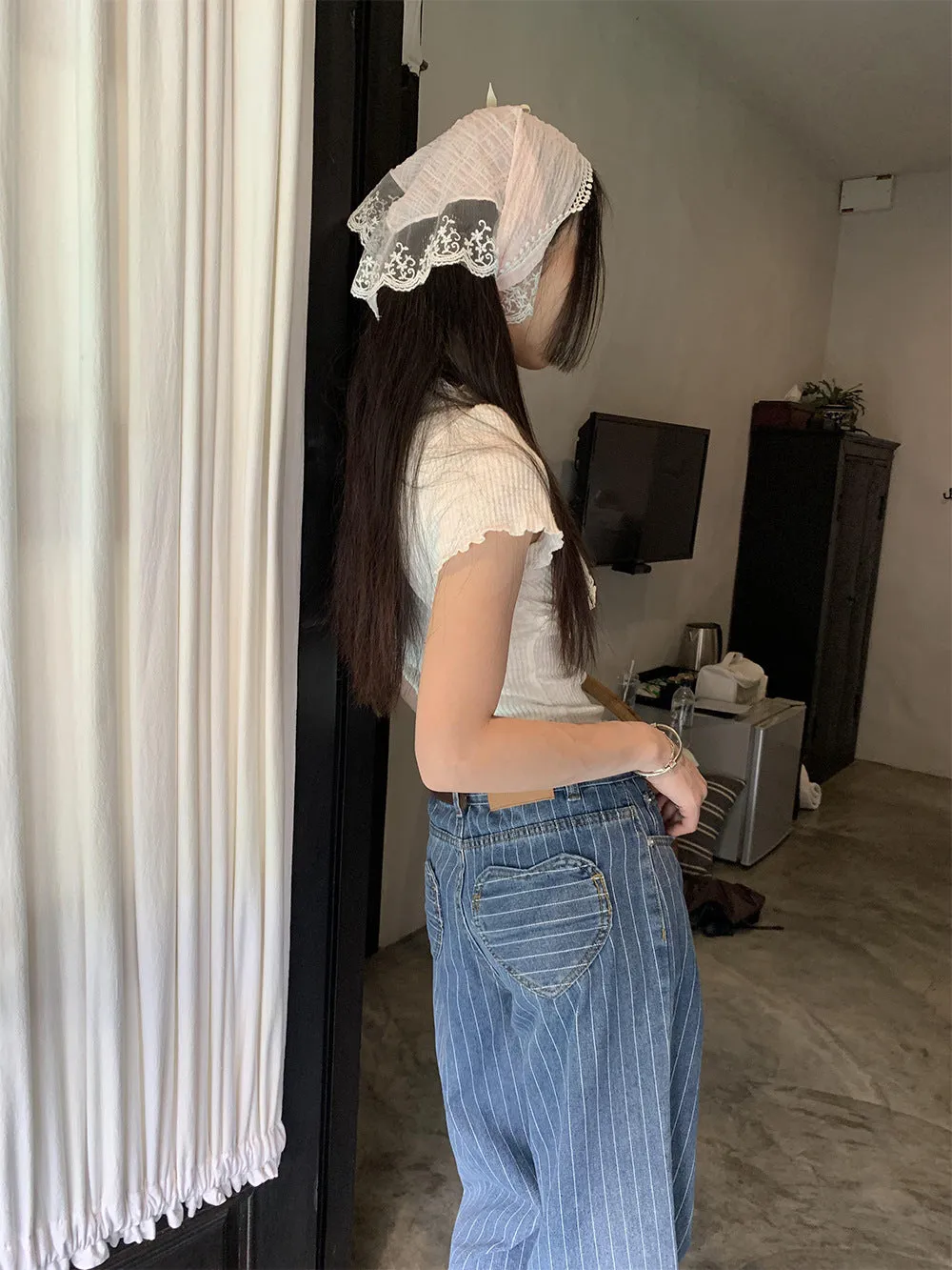 Toleet Korean Style 2024 Personalized Heart-Shaped Striped jeans Women's All-Match Street Style Straight Pants Women