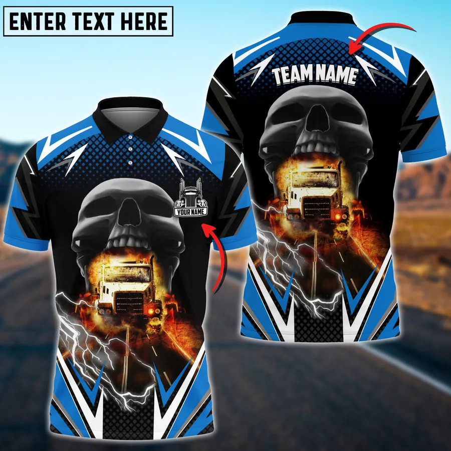 Truck Skull Thunder Lights Personalized Name 3D Polo Shirt For Truck Driver 4 Colors