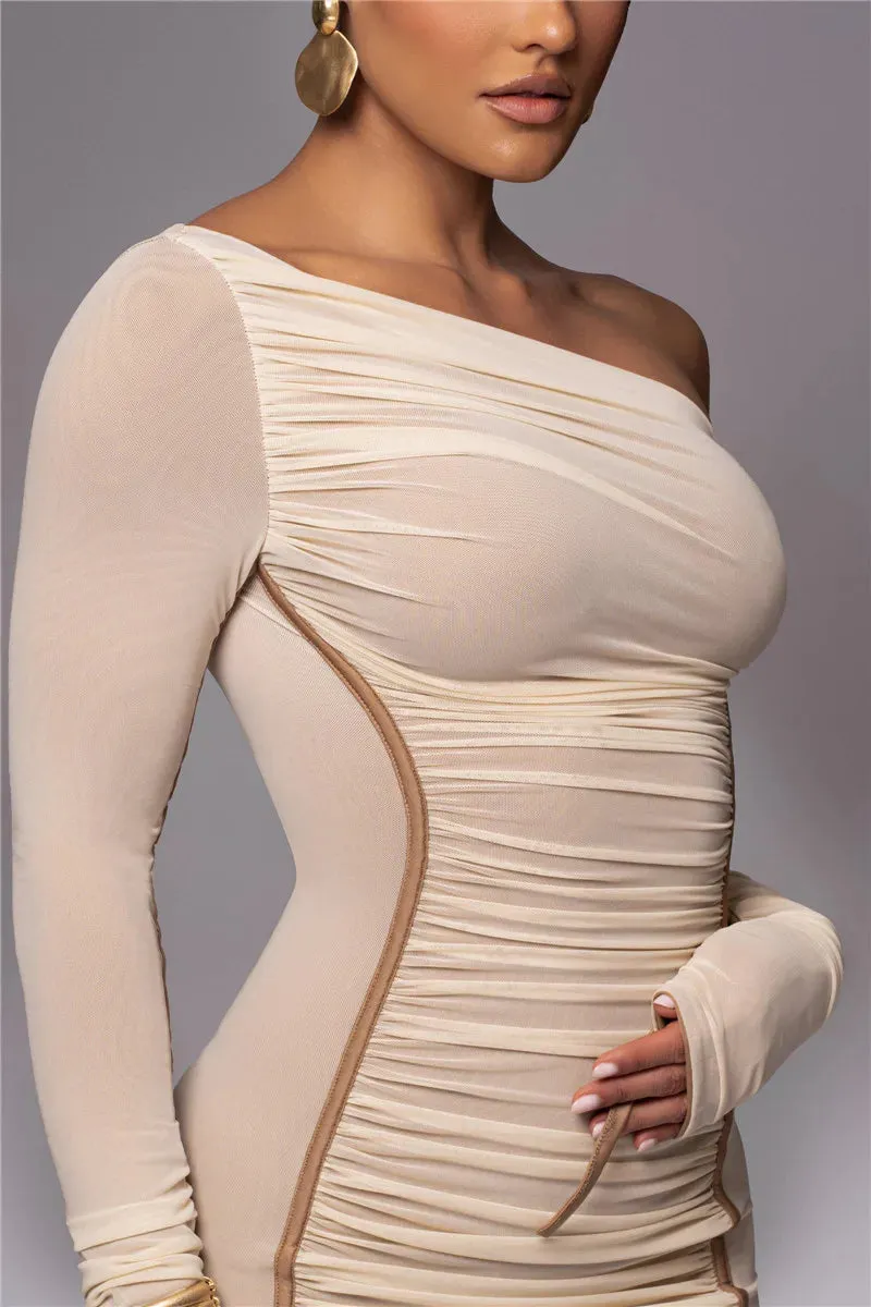 Two Layer Mesh Backless Rushed Long Sleeve Midi Dress backless bodycon Club Party Sexy Long Dress